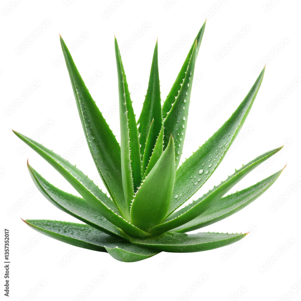 Fototapeta premium Aloe vera plant with vibrant green leaves and water droplets, symbolizing freshness and health