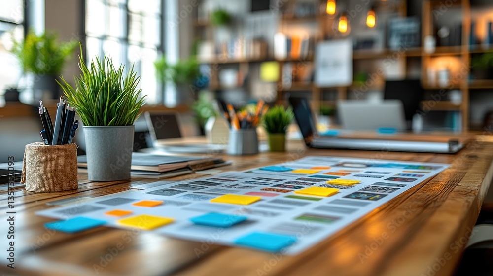 Modern office desk with sticky notes, design sketches, and stationery. Modern office desk with sticky notes, design sketches, and stationery.