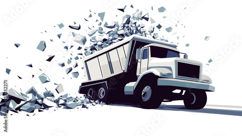 A vector illustration depicting a dump truck in motion, carrying and scattering debris. The truck is predominantly white and black, with a clear indication of speed and movement. The debris is
