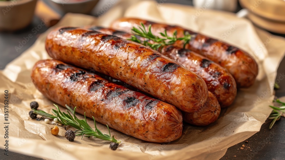 Grilled bratwurst sausage arrangement on rustic paper with rosemary and peppercorns for delicious eating experience and culinary delight Grilled bratwurst sausage arrangement on rustic paper with rosemary and peppercorns for delicious eating experience and culinary delight