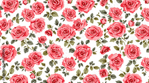 Watercolor pattern red rose flowers white background