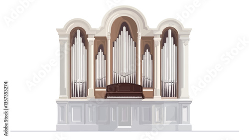 Digital illustration of a classic pipe organ. The organ is predominantly white with brown accents. It features an arched design with multiple pipe sections,  classical columns,  and intricate
