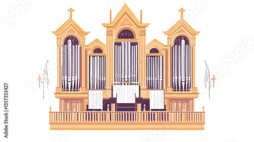 A digital illustration depicting a large, ornate pipe organ. The organ is rendered in a yellowish-gold hue and is composed of three distinct sections, each featuring numerous pipes arranged
