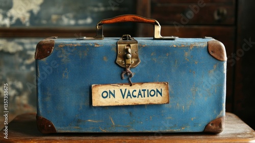 Vintage Blue Suitcase Signifies Vacation Time