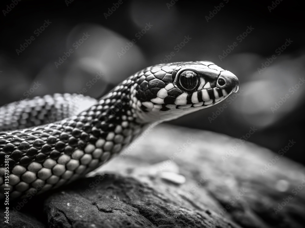 Small Black and White Snake - Rule of Thirds Composition - Stock Photo Small Black and White Snake - Rule of Thirds Composition - Stock Photo