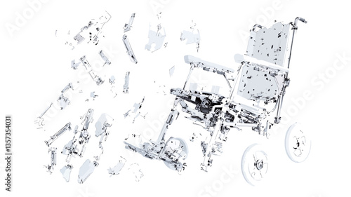 The image shows a top-down view of numerous small, intricately detailed parts of a wheelchair scattered across a white background.  The parts appear to be metallic or plastic, and vary in size and