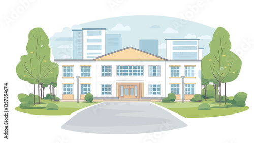 A vector illustration depicting a light-colored, two-story building with a symmetrical facade. The building features numerous windows, a central entrance, and a pitched roof.  It is situated on a
