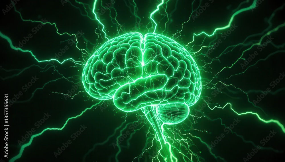 Obraz premium Intense Green Brain Visualization Dynamic Energy and Neural Pathways