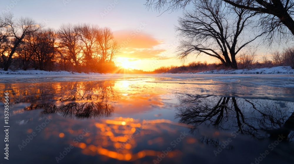 Serene Landscape of a Frozen River at Sunset with Vibrant Reflection Serene Landscape of a Frozen River at Sunset with Vibrant Reflection