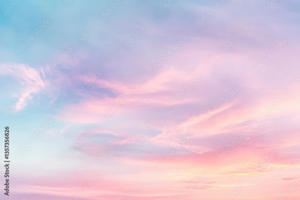 Obraz premium A breathtaking pastel sunset paints the sky with soft hues of pink and blue, a dreamy, ethereal spectacle of nature's artistry.