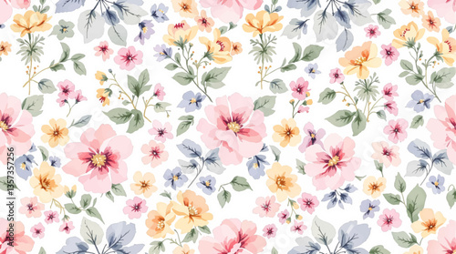 Watercolor pattern colorful flowers white background