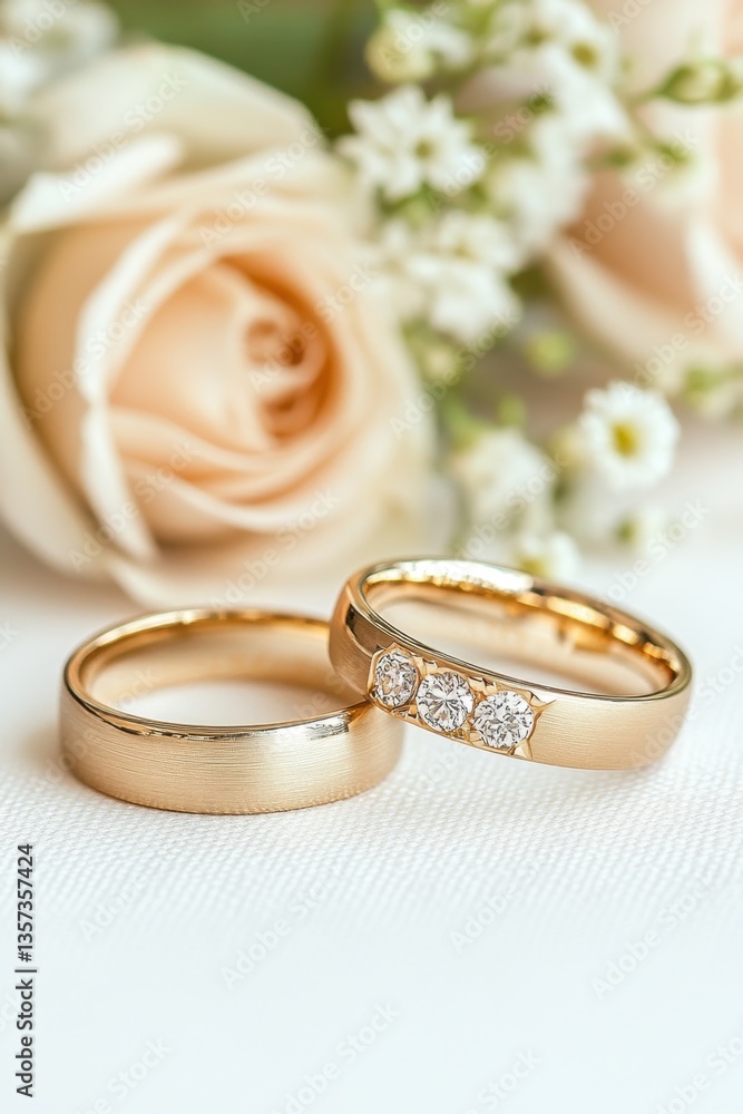 Elegant wedding rings on white fabric with soft peach rose in background capturing love and commitment in a romantic style perfect for wedding invitation Elegant wedding rings on white fabric with soft peach rose in background capturing love and commitment in a romantic style perfect for wedding invitation