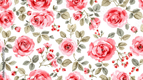 Watercolor pattern red rose flowers white background