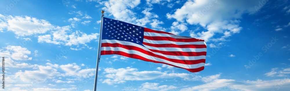 American Flag Waving in the Breeze Against a Beautiful Cloudy Sky in Full Detail American Flag Waving in the Breeze Against a Beautiful Cloudy Sky in Full Detail