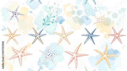 Seamless watercolor pattern of hand drawn nautilus shells and smooth sea pebbles on a white background, Watercolor pattern shells on white background	