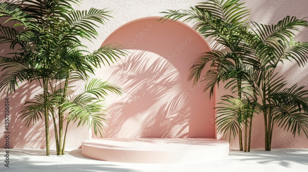 Fototapeta premium A serene, modern space featuring lush palm plants and a curved pink backdrop, creating a stylish and inviting atmosphere.