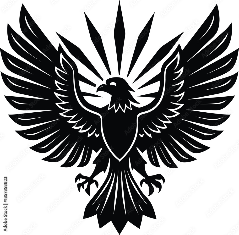 Fototapeta premium A black vector illustration depicts a flying eagle with outstretched wings, a powerful symbol of freedom