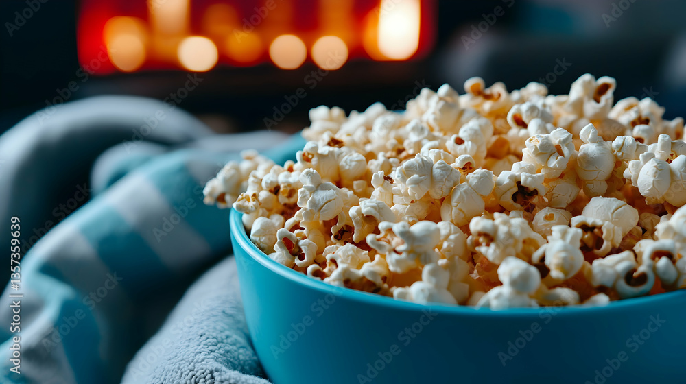 Close Up of Buttery Popcorn in a Blue Bowl near a Warm Fireplace Close Up of Buttery Popcorn in a Blue Bowl near a Warm Fireplace