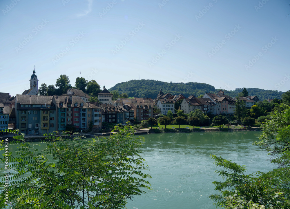 Fototapeta premium View from Laufenburg (Baden) in Germany to the historic town of Laufenburg (Aargau)