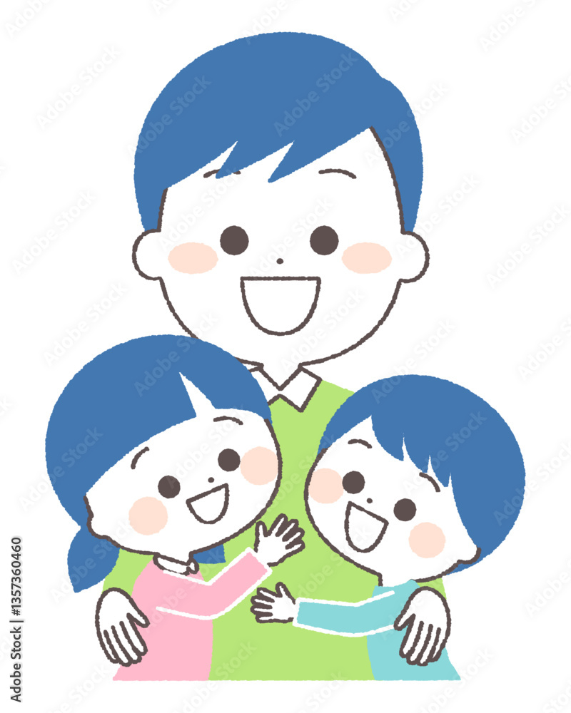 お父さんに抱きつく子供達 家族 お父さんに抱きつく子供達 家族