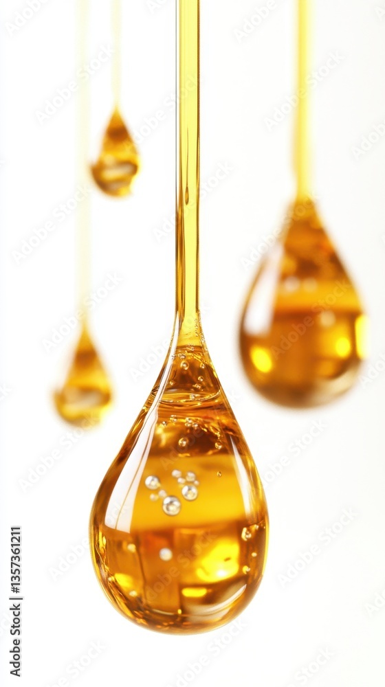 Golden Liquid Drops Suspended in Air with Bubbles on White Backdrop Capturing Purity and Clarity in a Minimalist Style for Cosmetic and Health Concepts Golden Liquid Drops Suspended in Air with Bubbles on White Backdrop Capturing Purity and Clarity in a Minimalist Style for Cosmetic and Health Concepts