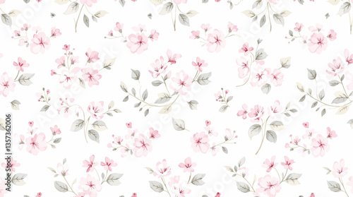 Watercolor seamless pattern pink small flowers on the white background
