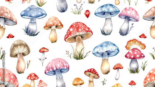 Watercolor pattern mushrooms white background