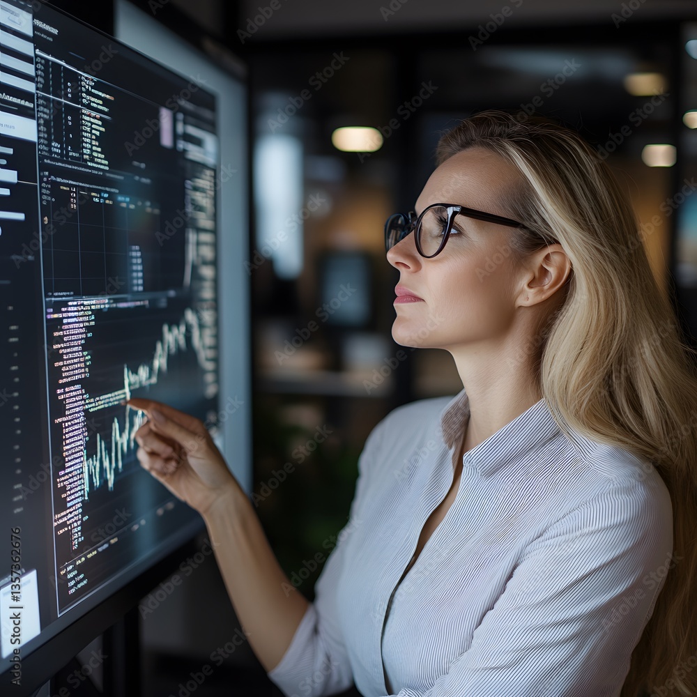 Fototapeta premium Woman analyzing data graphs on large monitor in modern office at night