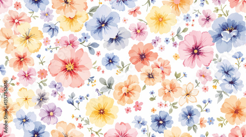 Watercolor seamless pattern colorful wild flowers on the white background
