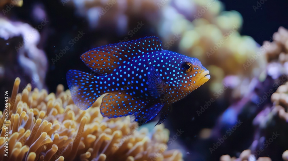 Obraz premium Colorful Blue Spotted Reef Fish Swimming in Vibrant Coral Environment