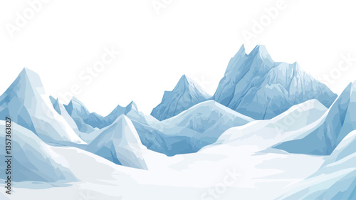 Digital illustration of a stylized snowy mountain range against a white background. The mountains are rendered in shades of light blue and white, suggesting ice and snow.  The style is painterly,