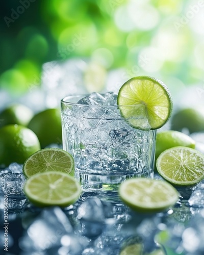 Refreshing lime infused sparkling water with ice cubes in a glass on a reflective surface with a bright green bokeh background