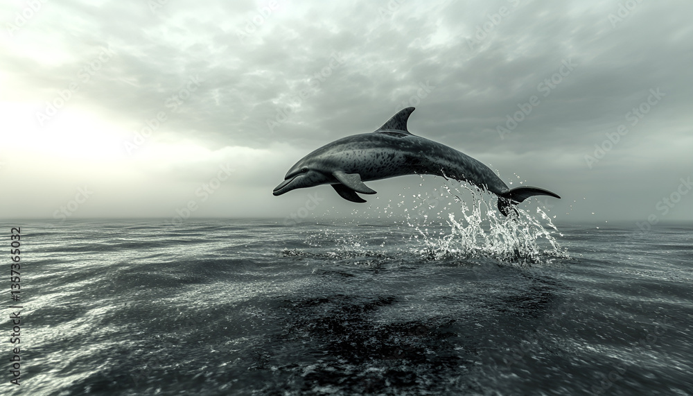 Fototapeta premium Playful Dolphin Leaping From Water. A black Lagernohynchus ob dolphin leaping energetically out of the ocean, showcasing its agility and grace in mid-air