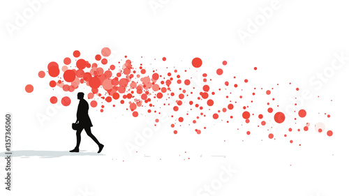 The image is a vector illustration featuring a minimalist silhouette of a man walking away from the viewer.  He carries a briefcase. From his head and shoulders emanates a stream of abstract red