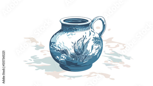 A digital illustration depicting a blue ceramic pitcher with a floral design. The style is reminiscent of hand-drawn artwork or a vintage print. The pitcher has a rounded body, a short neck, and a