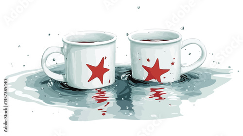 Digital illustration depicting two white mugs with a red star design on each. The mugs appear to contain a dark liquid and are situated in a puddle of spilled liquid. A small, dark figure is