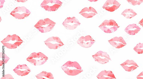 Watercolor seamless pattern lips, A seamless pattern background radiating sweetness and love. Watercolor lips in soft pinks and reds form a dynamic repeating pattern, playfully leaving kiss