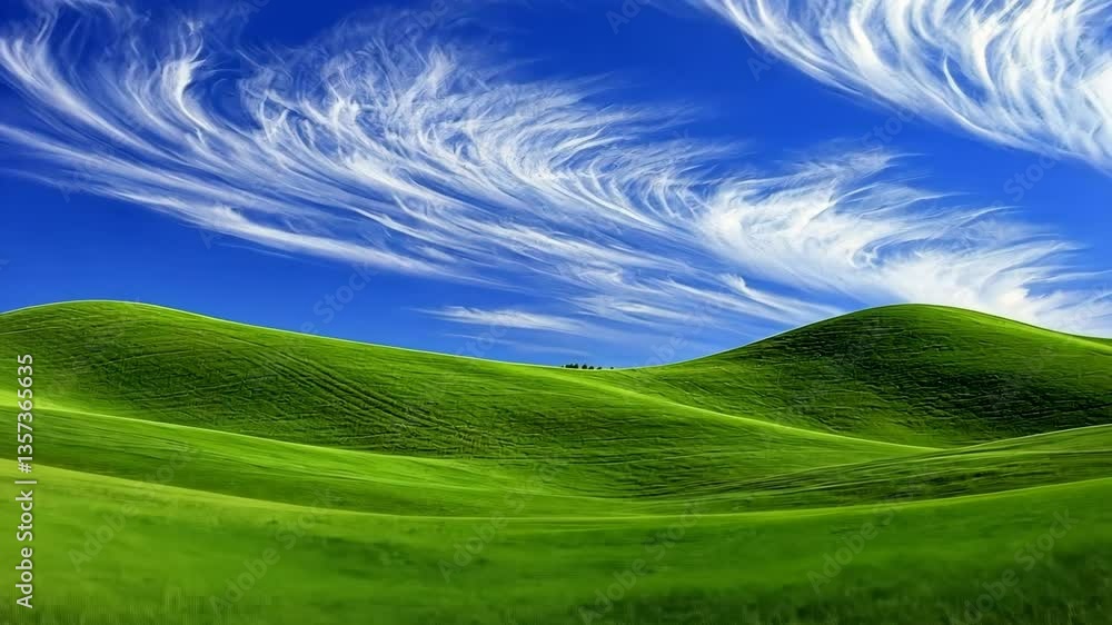 Rolling green hills under a bright blue sky with wispy clouds in the serene landscape Rolling green hills under a bright blue sky with wispy clouds in the serene landscape