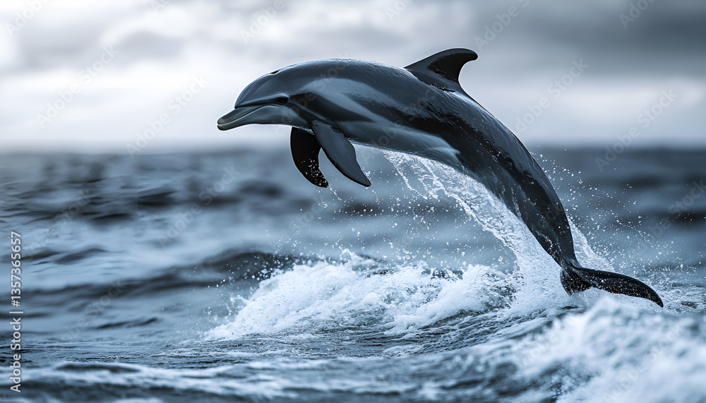 Obraz premium Playful Dolphin Leaping From Water. A black Lagernohynchus ob dolphin leaping energetically out of the ocean, showcasing its agility and grace in mid-air