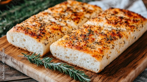 Wallpaper Mural Delicious Focaccia Bread with Rosemary Sprigs on Wooden Board Capturing Culinary Delight and Rustic Charm in a Warm and Inviting Setting Perfect for Food Photography Torontodigital.ca