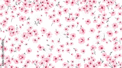 Watercolor seamless pattern pink small flowers on the white background
