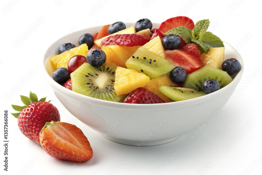 A vibrant fruit salad in a white bowl, showcasing fresh strawberries, blueberries, pineapple, and kiwi in a close-up, healthy food image. A vibrant fruit salad in a white bowl, showcasing fresh strawberries, blueberries, pineapple, and kiwi in a close-up, healthy food image.