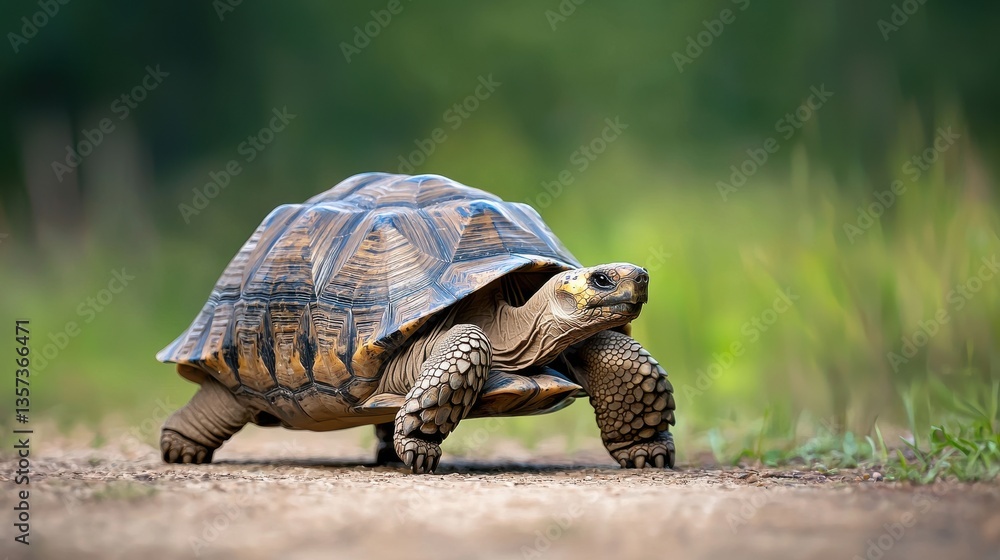 Obraz premium A large radiata tortoise leisurely walks across a dirt path amidst a blurred background of lush green grass and vivid natural scenery around it.