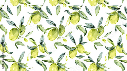 Watercolor olives seamless pattern, Watercolor seamless pattern with olive and green leaves tilted angle	
