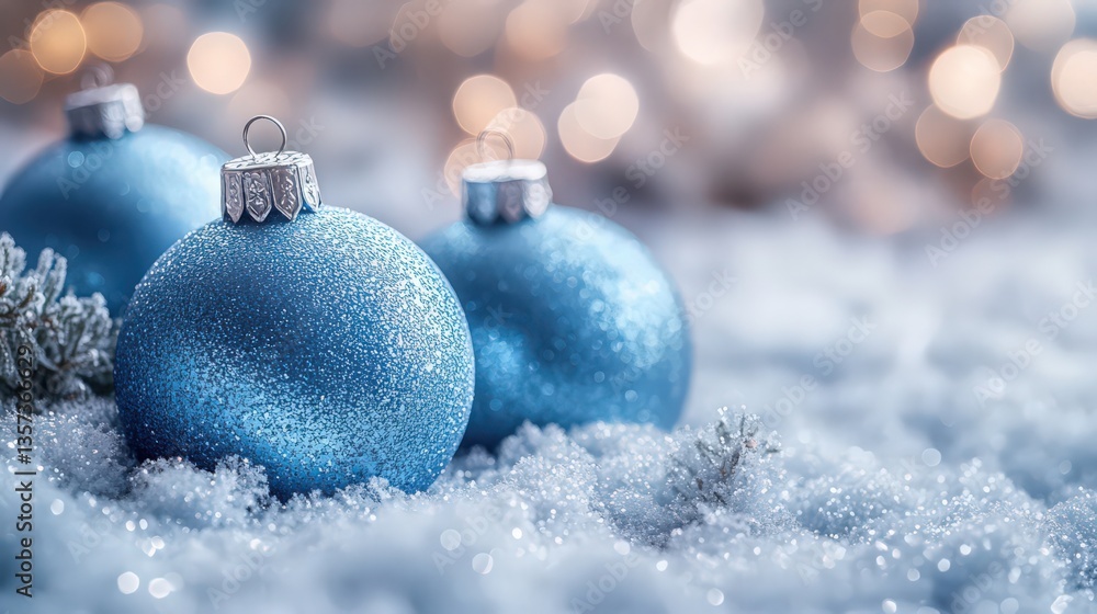 Sparkling blue christmas ornaments resting softly on a snowy surface Sparkling blue christmas ornaments resting softly on a snowy surface