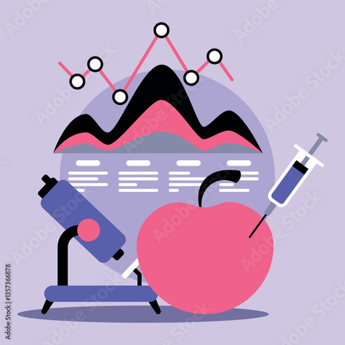 Microscope and syringe next to vibrant apple in laboratory setting. Data graphs suggesting analysis on genetically modified organisms and their effects on crops