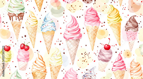 Watercolor pattern ice cream white background vector	