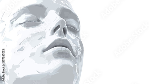 Close-up, high-angle shot of a person's face, eyes closed, covered in a thick, white cosmetic mask or cream. The image is predominantly monochrome with varying shades of white, highlighting the