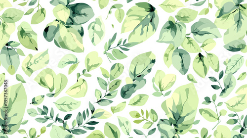  Watercolor pattern green leaves white background