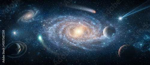 Fototapeta Naklejka Na Ścianę i Meble -  View from space to the Galaxies, stars, comet, asteroid, meteorite, nebula, Saturn. Cosmic panorama of the universe. Space travel fantasy. Elements of this image furnished by NASA